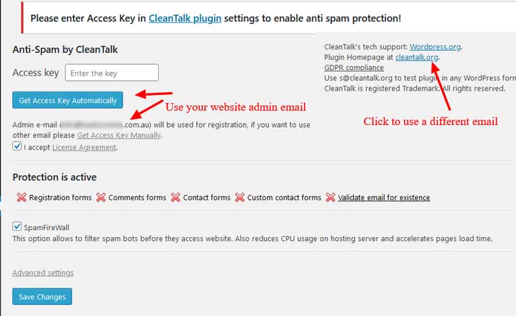 Auto setting up CleanTalk. Click Get Access Key Automatically. 