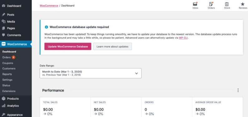 Screenshot showing WooCommerce database upgrade required