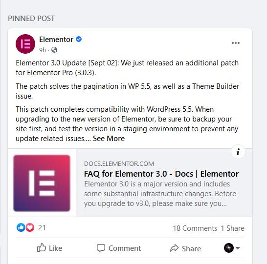 Screenshot showing Elementor patch notes