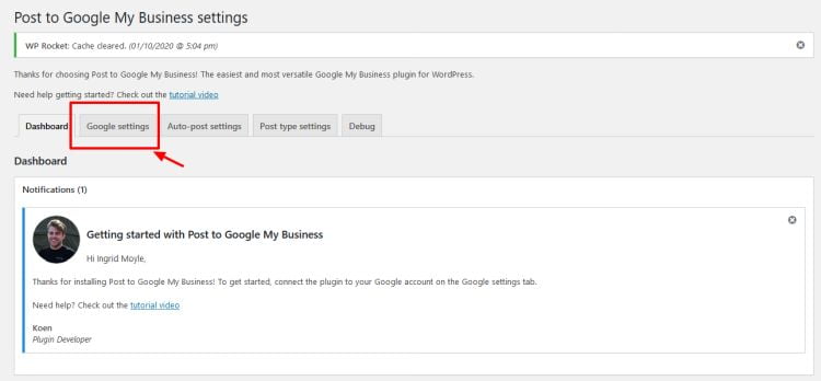 Showing the Google settings tab