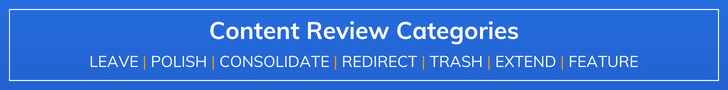 Content review categories: leave, polish, consolidate, redirect, trash, extend, feature.